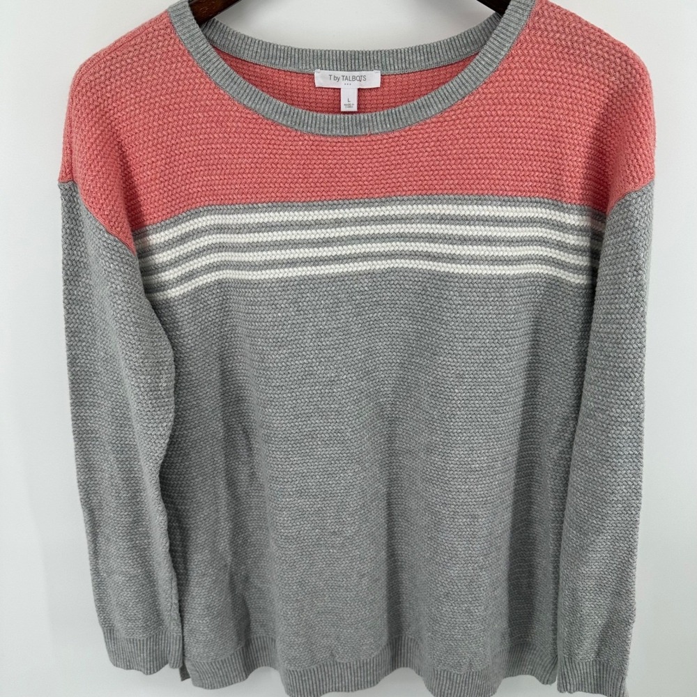 T by Talbots Womens Large Grey Coral Pink Colorblock Striped Textured Sweater‎